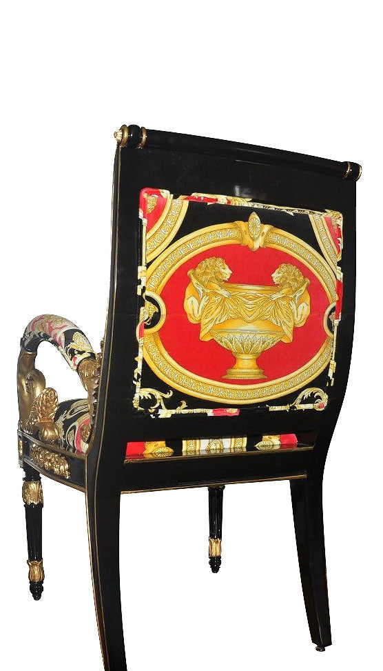Luxury Custom Vanitas Armchair | Versace Red Double Lion Velvet | Black Lacquer de Chine & Gold Accent Finish