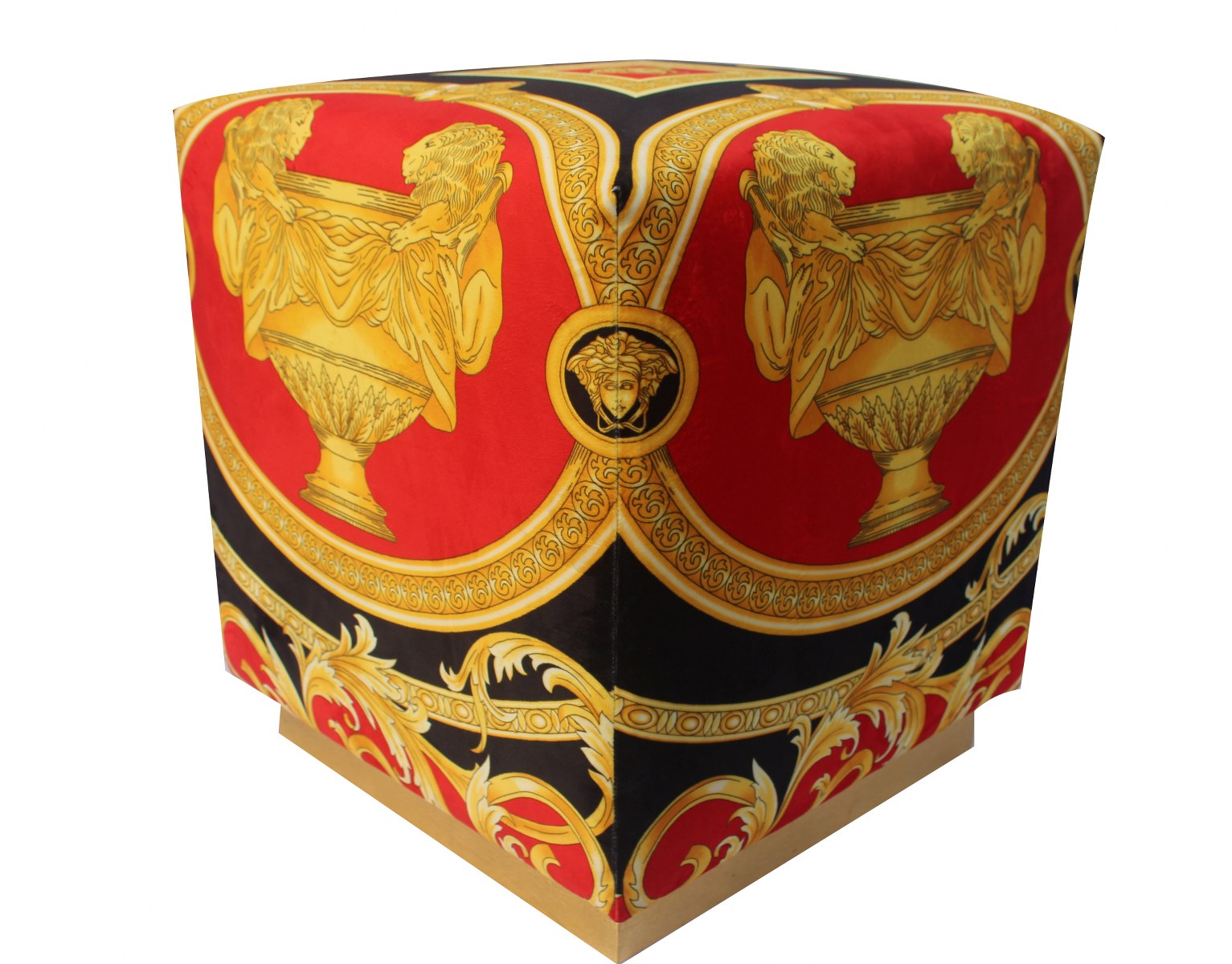 Luxury Custom Ottoman in Versace Baroque red, black and gold velvet — 3/4 angle hero view showing lion and urn motif with gold Medusa medallion centerpiece