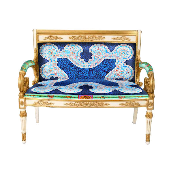 Luxury Custom Vanitas 2-Seater Loveseat | Gianni Versace Blue Vintage Medusa Velvet | Gold & White Lacquer Finish