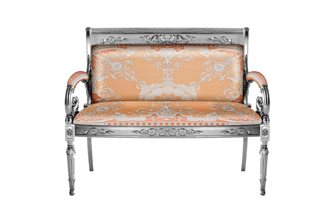 Luxury Custom Vanitas 2-Seater Loveseat | Versace Le Grand Orange Fabric | Gold or Silver Leaf Finish