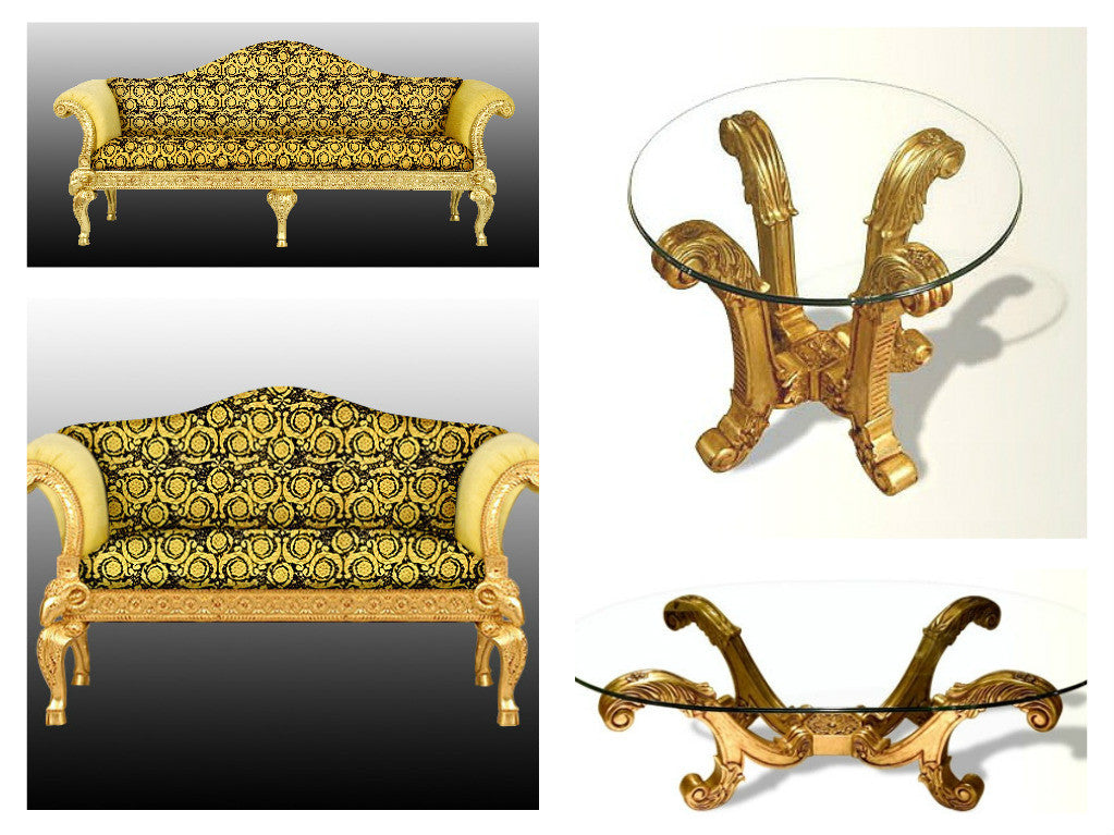 Luxury Ram's Head Living Room Set | Versace Barocco Gold Velvet | Gold Leaf Finish