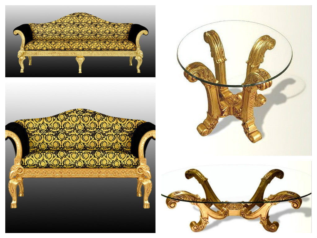 Luxury Ram's Head Living Room Set | Versace Vanity Barocco Gold Black Velvet | Gold Leaf Finish