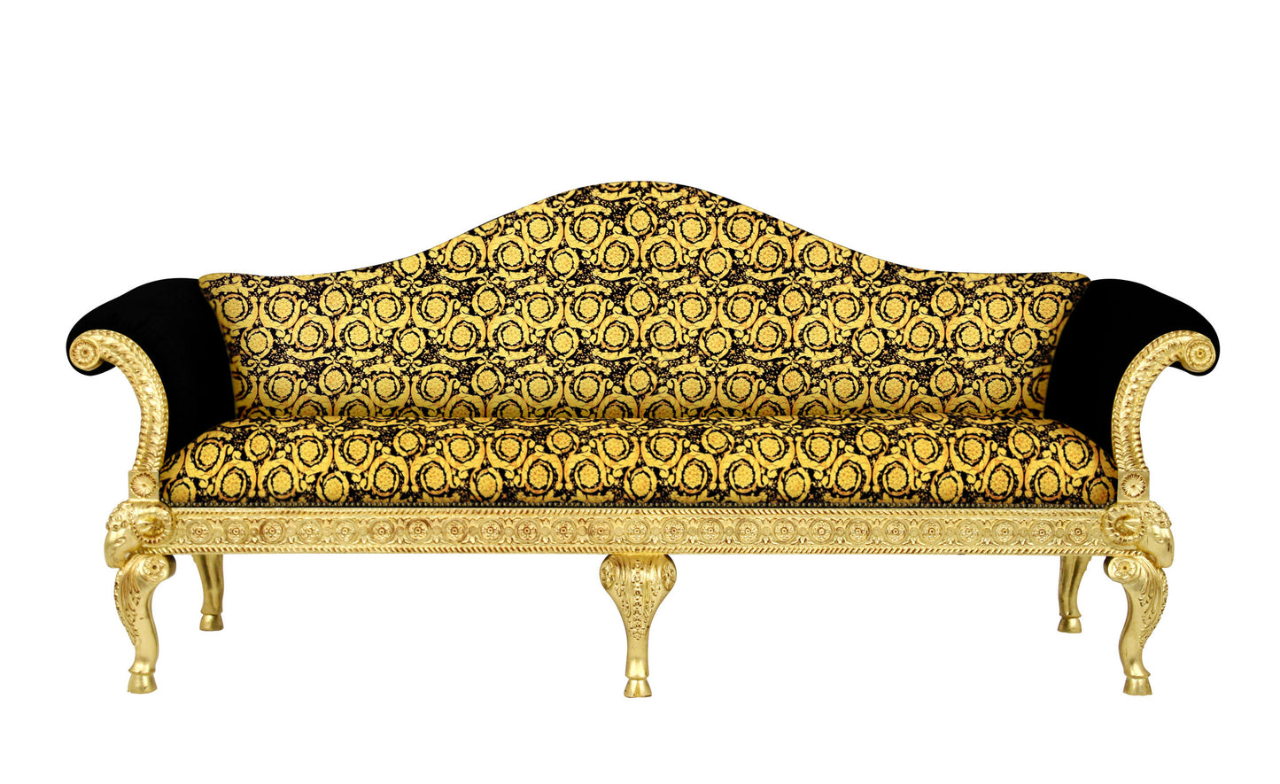 Luxury Ram's Head Living Room Set | Versace Vanity Barocco Gold Black Velvet | Gold Leaf Finish