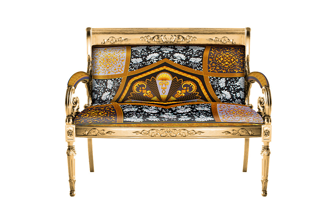 Luxury Custom Vanitas 2-Seater Loveseat | Atelier Versace Medusa Square Cotton Velvet | Gold or Silver Leaf Finish